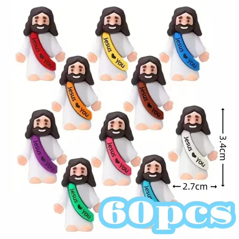 A set of 60 mini religious statues depicting Jesus with a banner that reads Jesus you