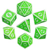 A set of green polyhedral dice including a d6, d8, d10, and d12.