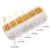 A clear plastic container filled with various gold and silver lobster clasps and open jump rings for jewelry making