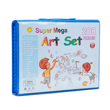 A blue plastic box containing a Super Mega Art Set with 208 pieces of watercolor painting and drawing supplies.