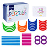 A set of wooden shape sorting puzzles featuring various colored and shaped pieces like cats, circles, and lines.