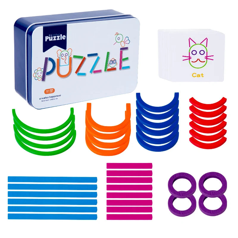 A set of wooden shape sorting puzzles featuring various colored and shaped pieces like cats, circles, and lines.