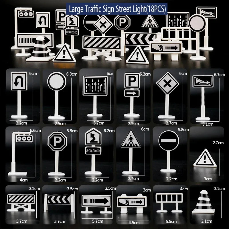 A collection of 18 traffic signs and street lights for a large traffic sign set.
