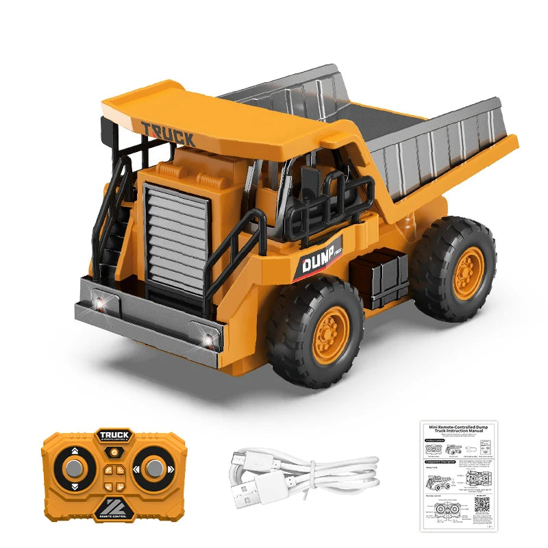 A yellow mini RC truck excavator toy with a dump bed and various accessories.