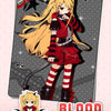 A female doll with long blonde hair wearing a red and black outfit is displayed on a card, alongside a separate figure.