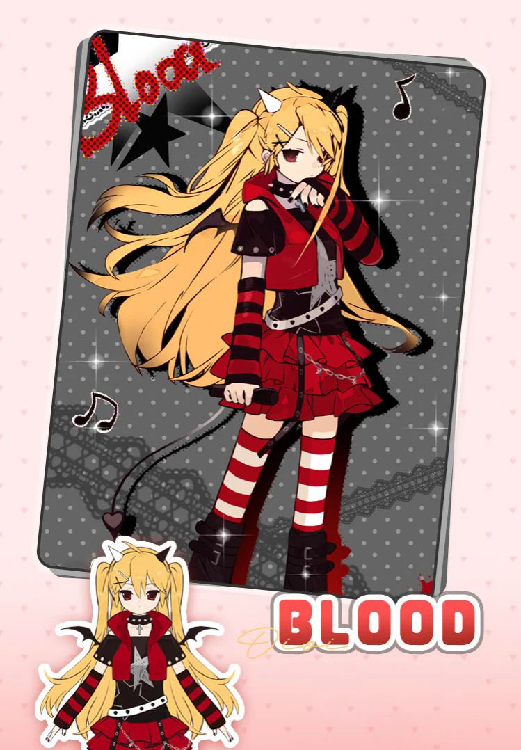 A female doll with long blonde hair wearing a red and black outfit is displayed on a card, alongside a separate figure.
