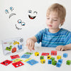 A young child is playing with a wooden face-changing cube puzzle game, surrounded by various colored and shaped pieces.