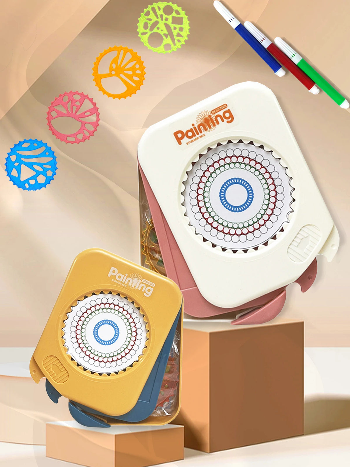 A set of geometric spirograph drawing tools and templates for creative art projects.