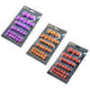 A set of decorative screw covers in purple and orange colors packaged for motorcycle parts.