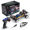 A black box and an assembled high-speed off-road RC cyber truck with LED lights and a transmitter.