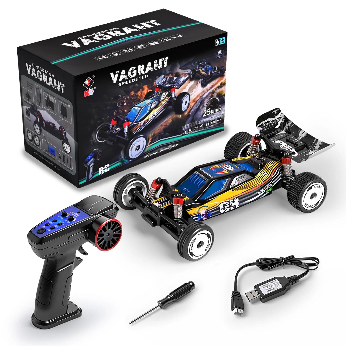 A black box and an assembled high-speed off-road RC cyber truck with LED lights and a transmitter.
