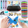 A hand is using a 3D pen to print a blue butterfly model, with the pen and filament visible.