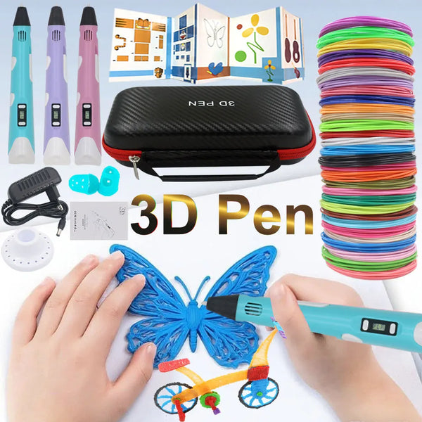 Eine Hand benutzt einen 3D-Stift, um ein blaues Schmetterlingsmodell zu drucken, mit sichtbarem Stift und Filament.