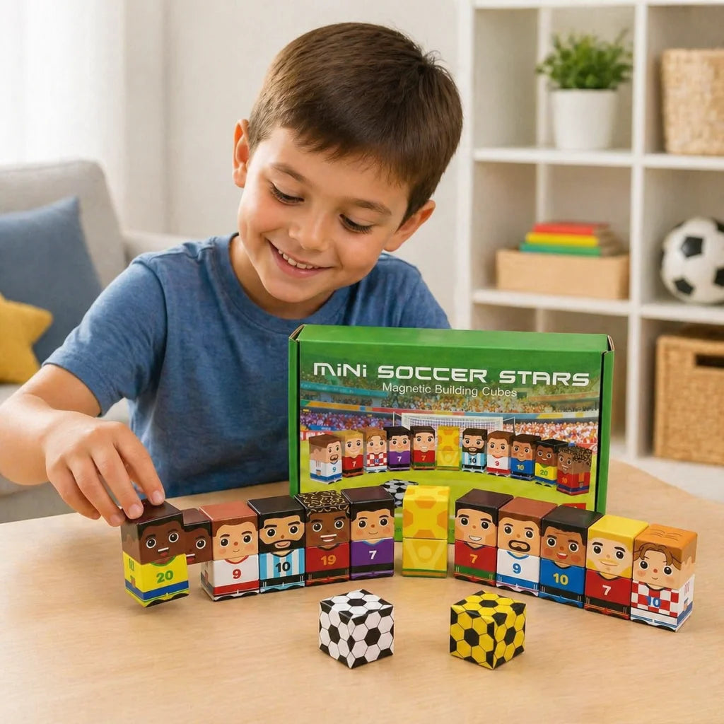 Un enfant joue avec des cubes de construction magnétiques Mini Soccer Stars sur une table en bois.