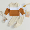 Toddler boys color block sweatshirt and pants set in beige, white, and burnt orange tones