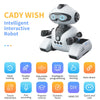 A white intelligent interactive robot toy with flexible joints and various function buttons.