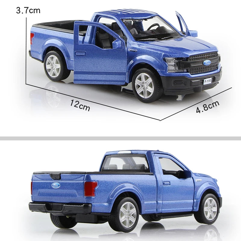 A blue Ford F150 SVT Raptor 1:36 diecast model truck shown in profile view.