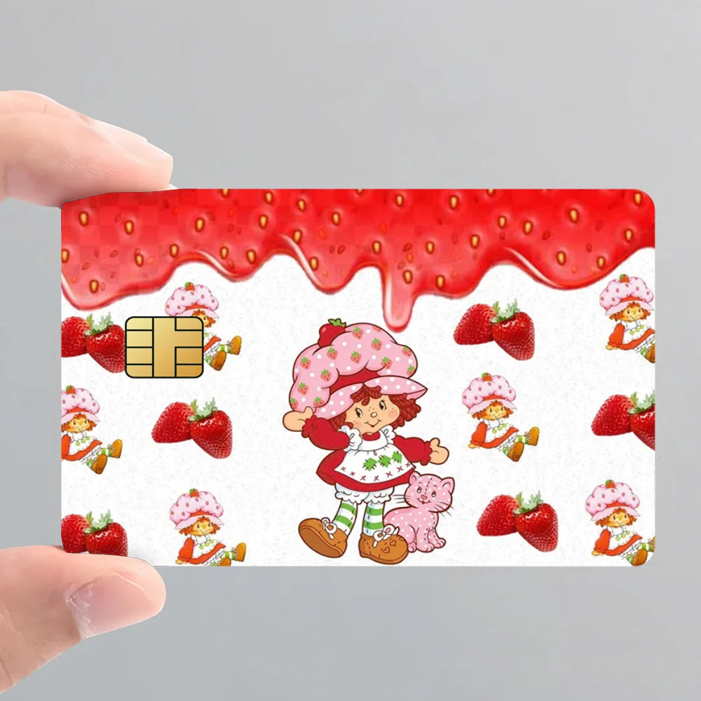A set of four cute strawberry and shortcake card stickers featuring pink, red, and white designs on a white background.