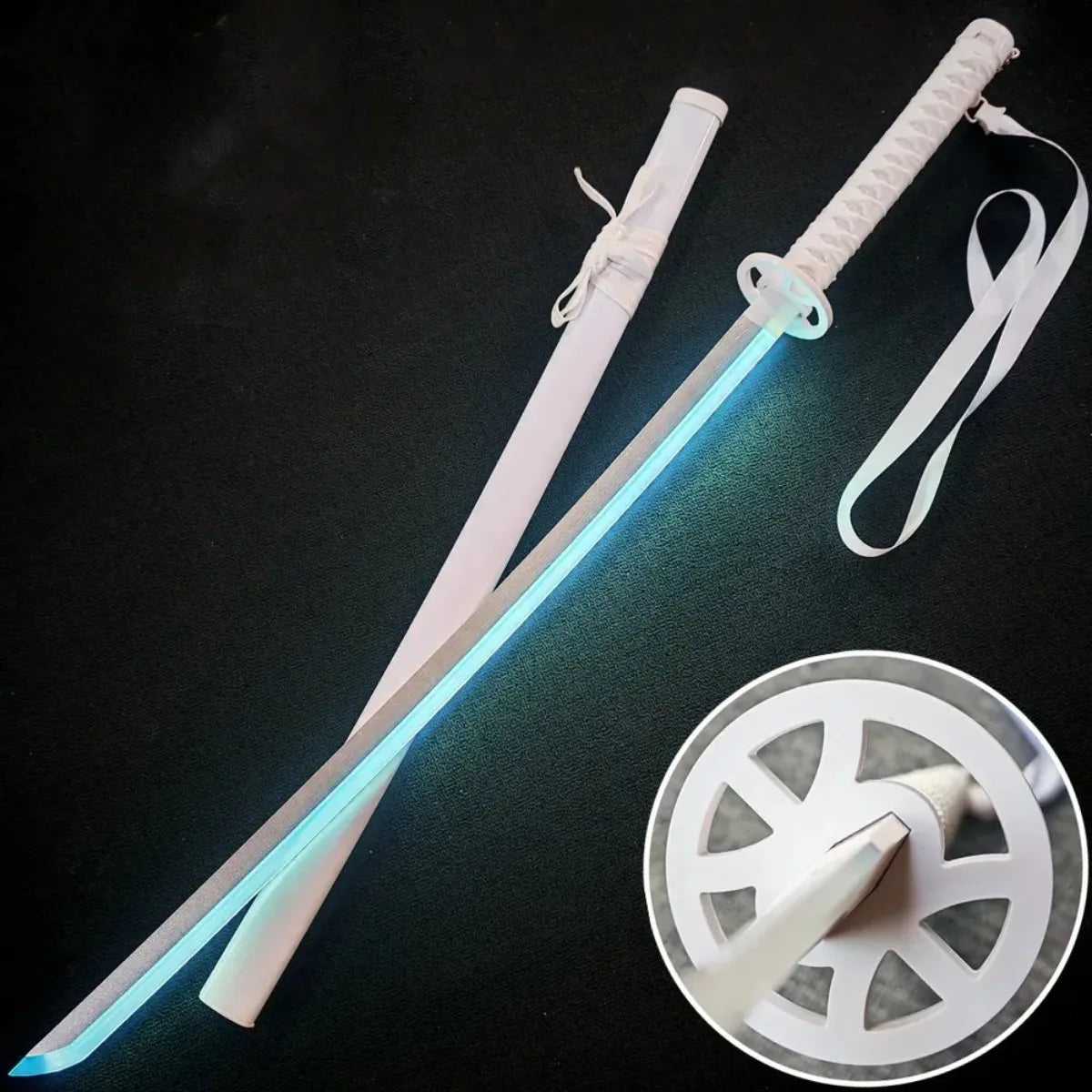 A luminous anime katana with an LED blade and white grip is displayed against a dark background.