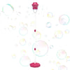 A pink automatic sunflower bubble machine with a long wand is shown surrounded by floating soap bubbles.