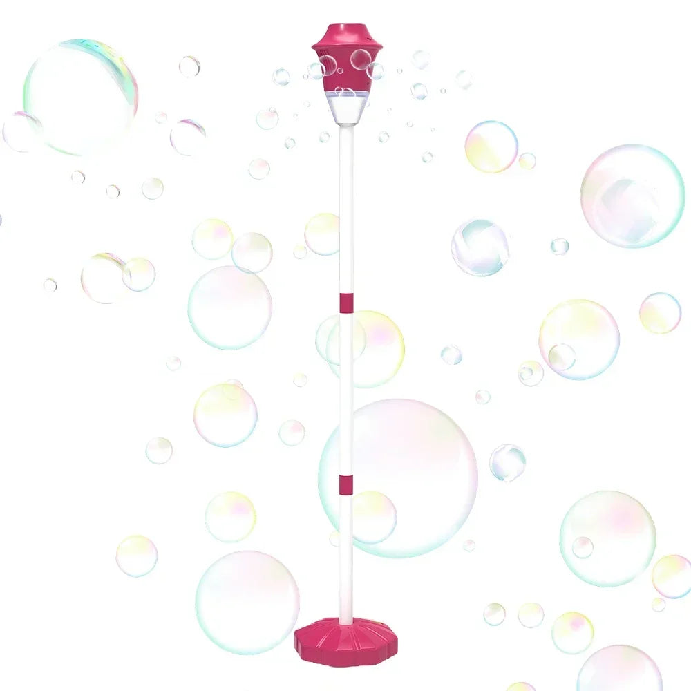 A pink automatic sunflower bubble machine with a long wand is shown surrounded by floating soap bubbles.