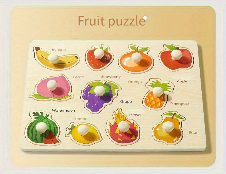 A wooden fruit puzzle board featuring various cut-out fruits like banana, strawberry, orange, apple, watermelon, and others f