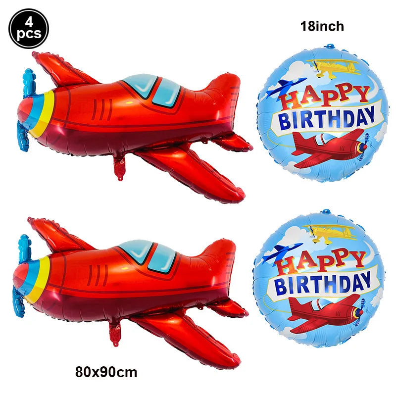 Four red foil balloon planes shaped like aircraft for birthday party decoration