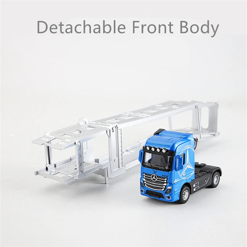 A blue diecast container truck with a detachable front body is shown on a white background.