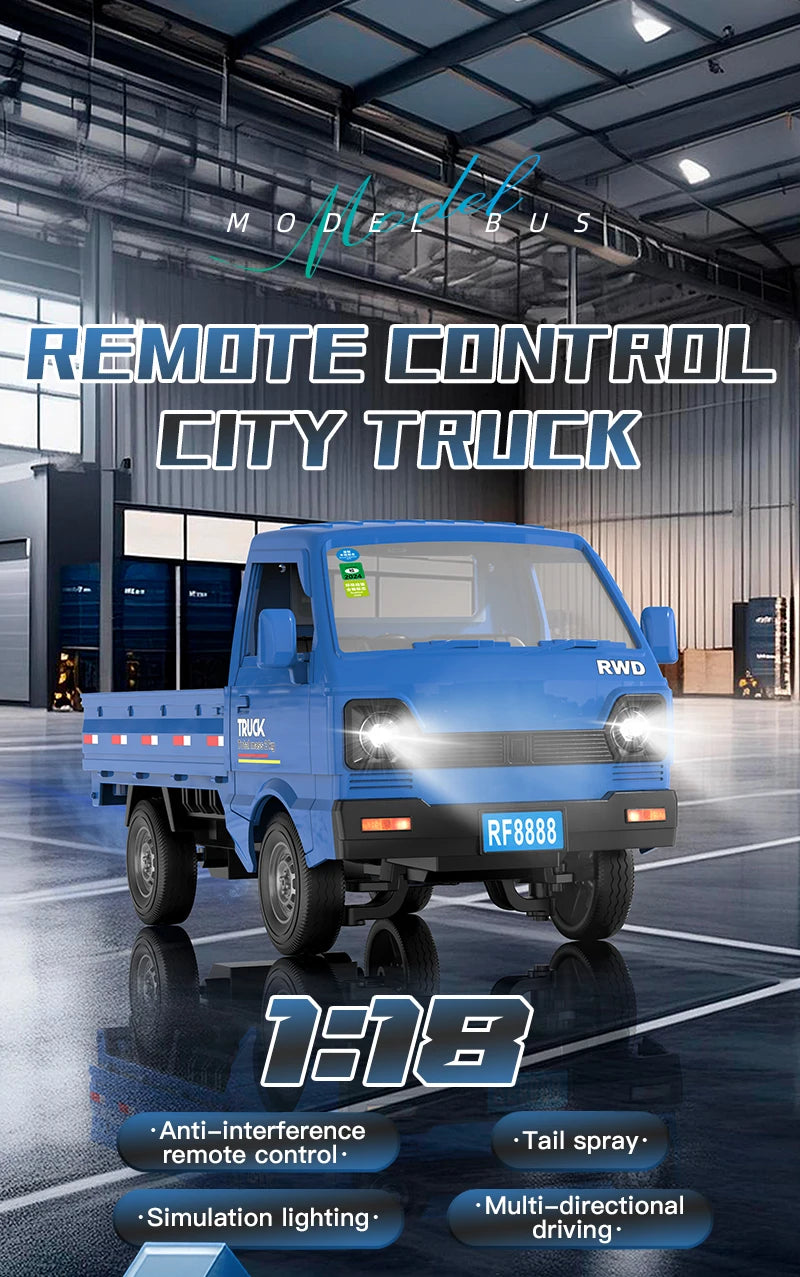 A blue remote control city truck model is shown in a studio setting, highlighting its features like simulation lighting and m