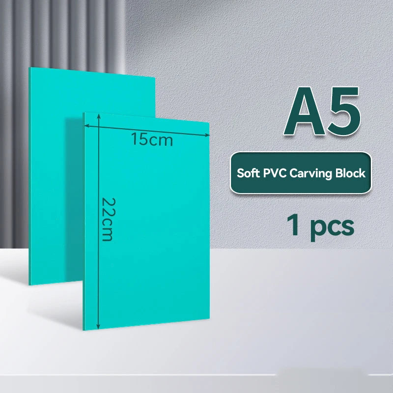 A stack of A5 size soft PVC carving blocks in teal color with dimensions shown.