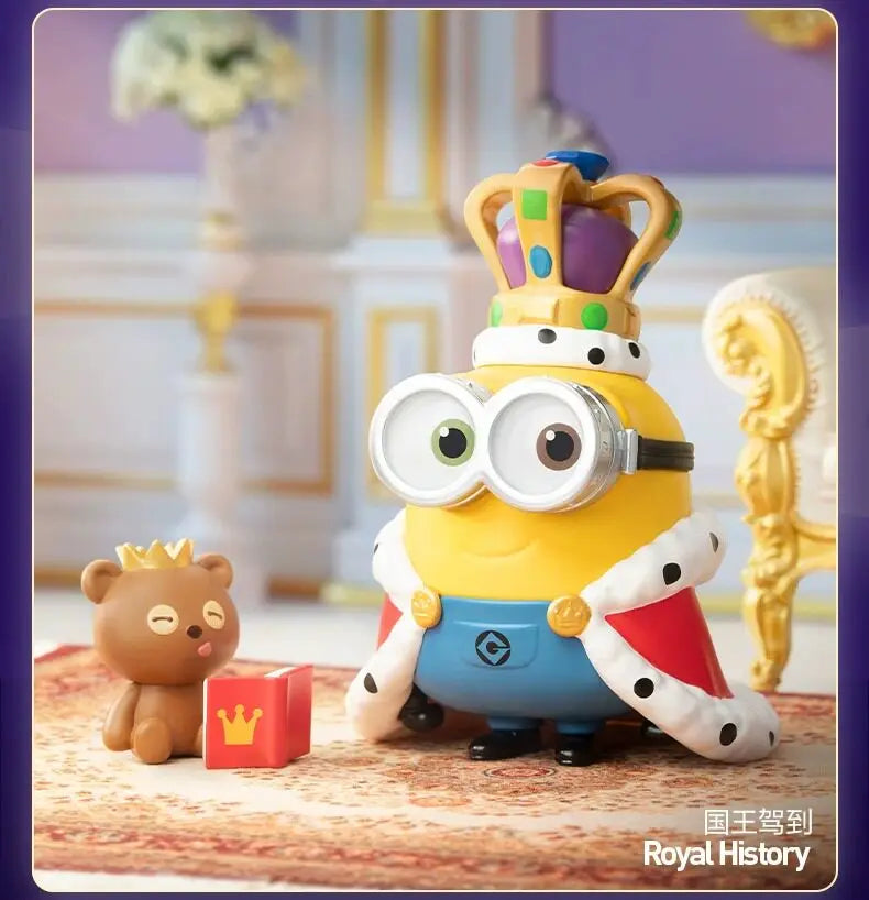 A yellow Minion figure wearing a crown and royal attire sits next to a red box on a patterned rug.