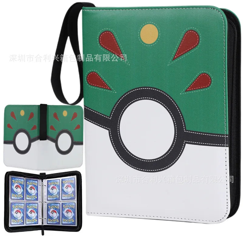 A green PU leather card binder with a black strap and a decorative sun design, shown alongside an open section of the binder.