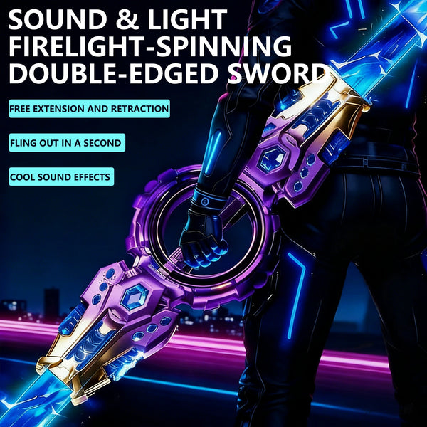 A close-up of a multi-color flash LED spinning double-edged sword toy being held by a person.