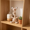 A handmade crochet sloth and squirrel plush charm sits on a wooden shelf next to a succulent plant.
