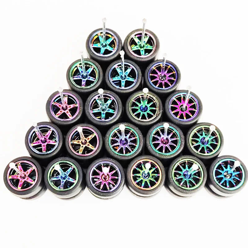 1/64 Scale Alloy Car Wheels with Rubber Tires - 10 Sets