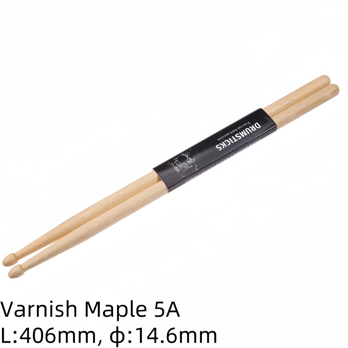 A pair of varnished maple drumsticks with a black grip and wooden shaft.