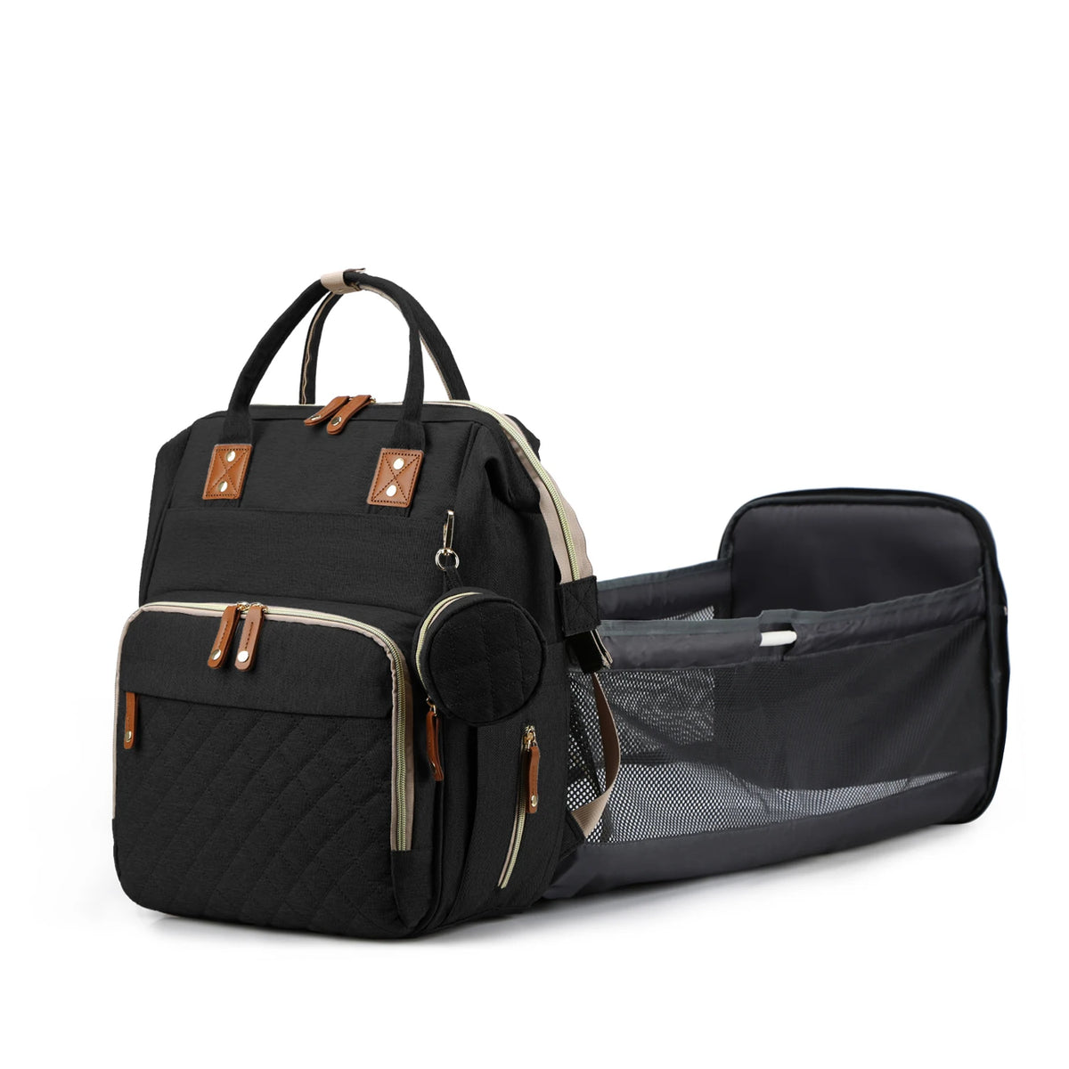 Sac à langer tout-en-un noir et beige avec station de changement intégrée.