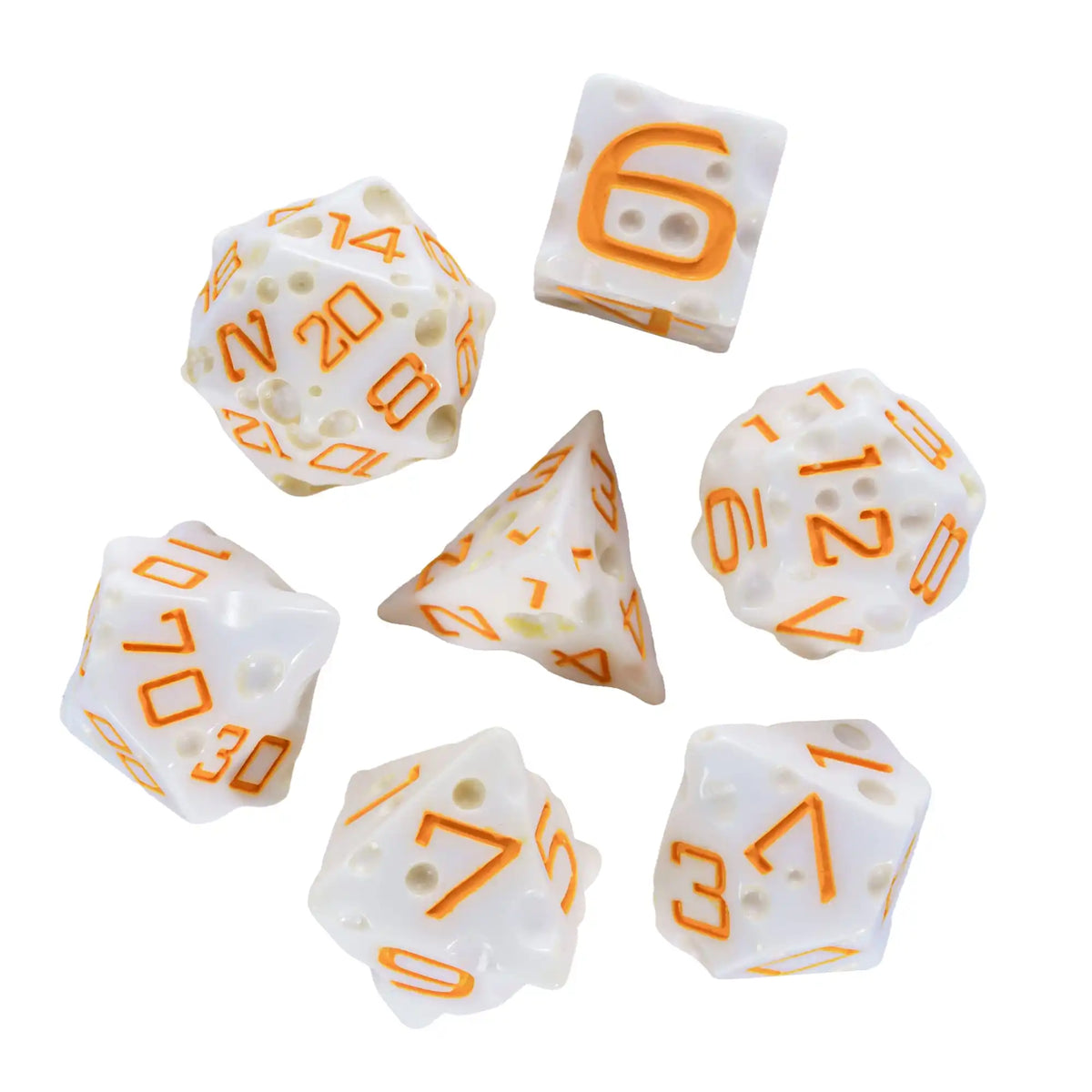 A set of seven white and orange polyhedral dice, resembling cheese, are displayed against a white background.