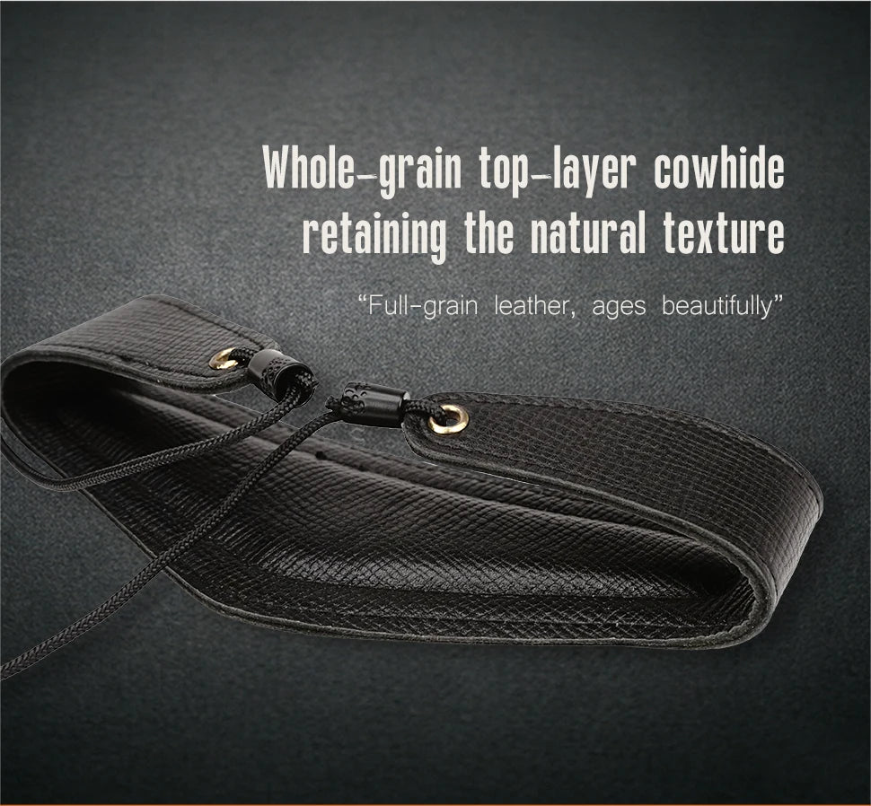Black whole-grain top-layer cowhide leather neck strap with a gold-colored buckle