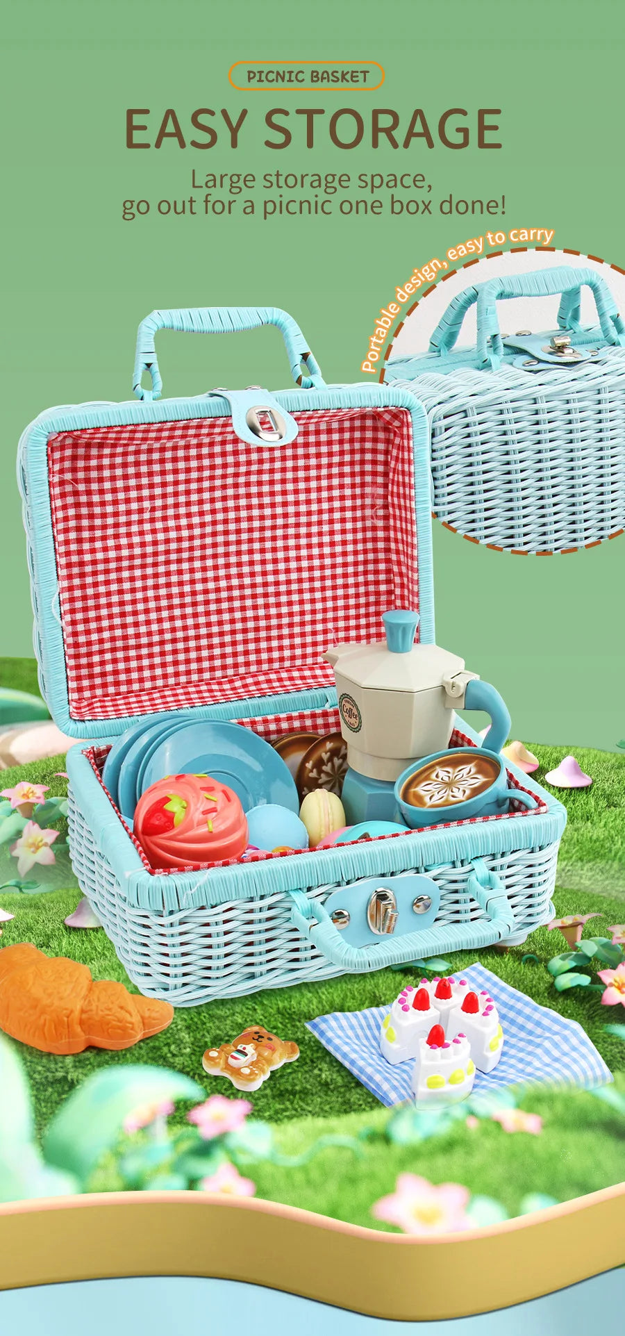 A light blue picnic basket with a red checkered lid is shown, filled with pretend food and tea items.