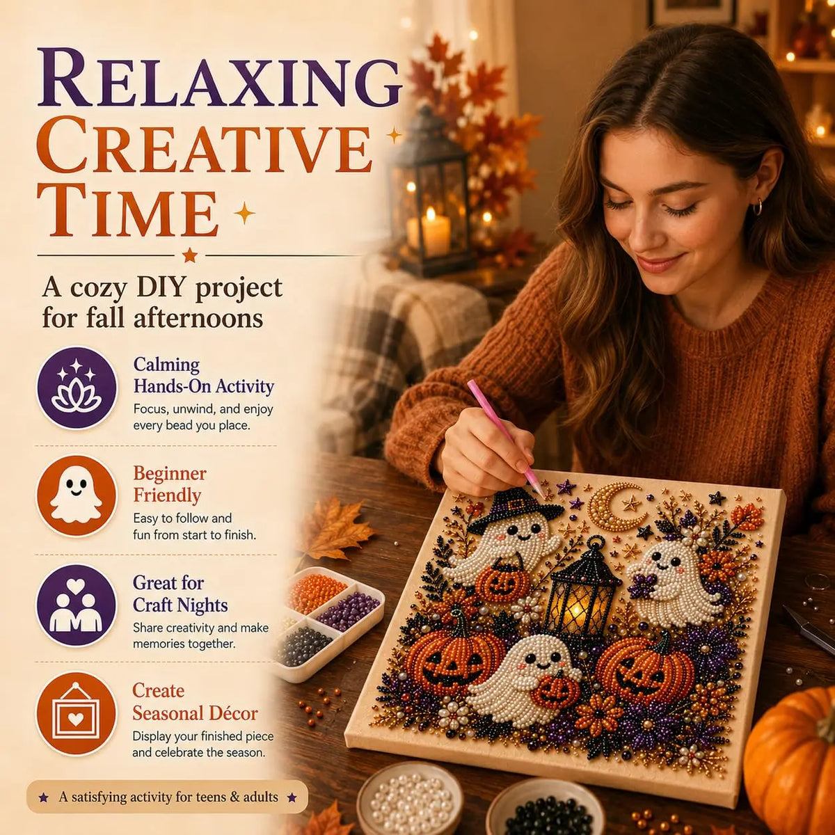 A woman is painting a Halloween ghost and pumpkin design on a wooden board with pearl art for a DIY craft project.