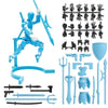 A blue magnetic multi-jointed action figure building set with various parts and a display stand.