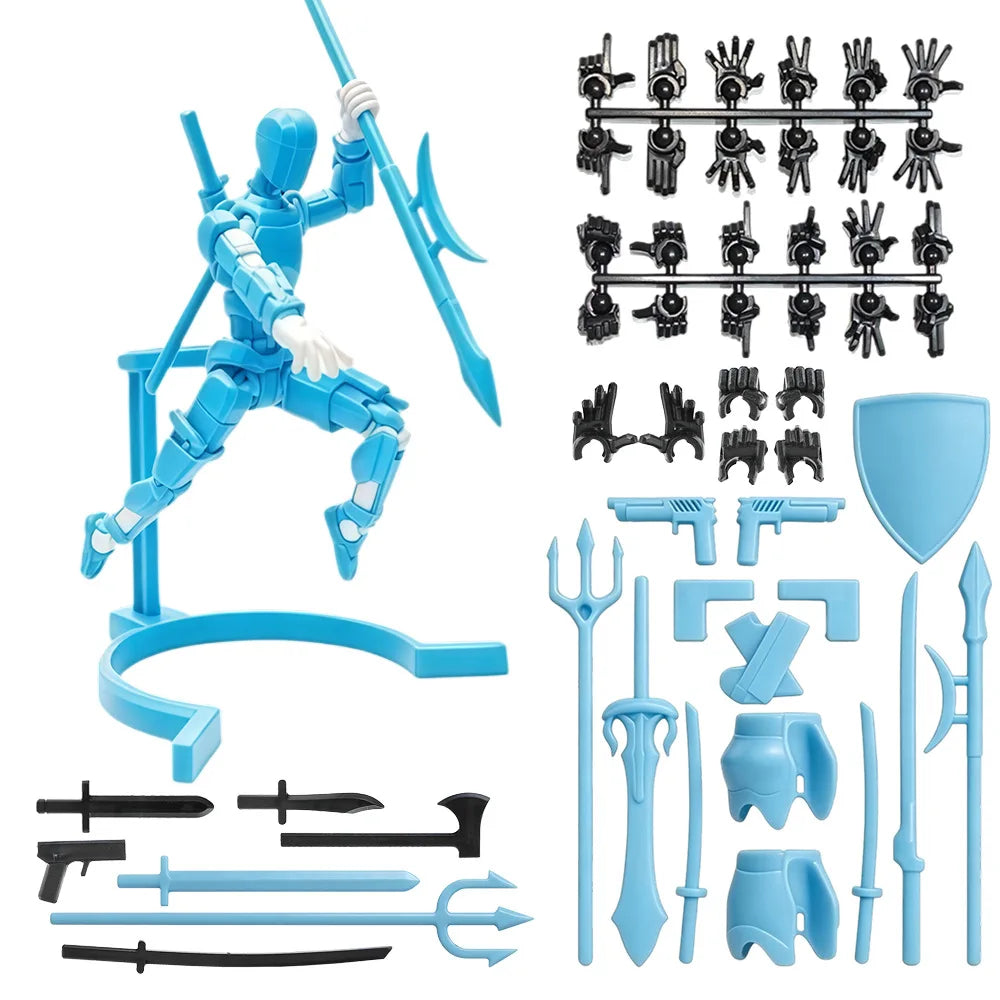 A blue magnetic multi-jointed action figure building set with various parts and a display stand.