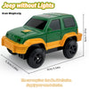 A green and yellow toy jeep without lights is shown, measuring 5cm in height.