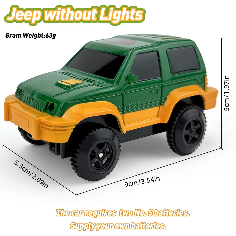 A green and yellow toy jeep without lights is shown, measuring 5cm in height.
