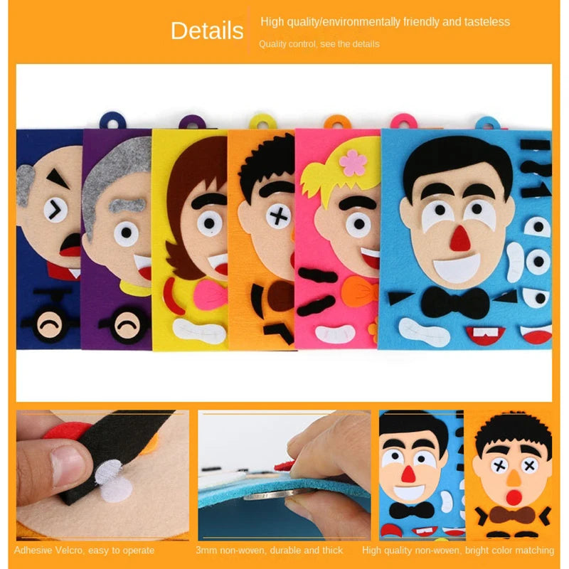 A set of colorful puzzle cards depicting various facial expressions for a Montessori game.