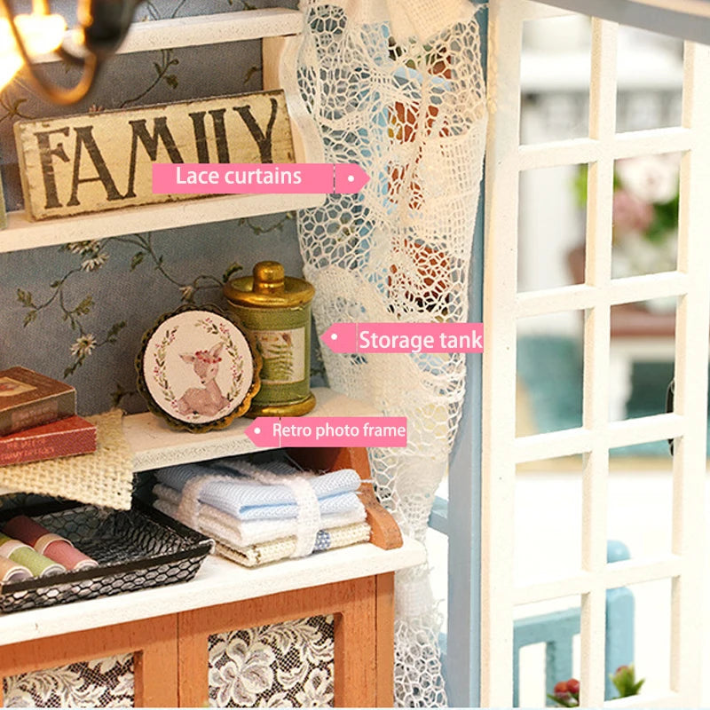 DIY Miniature Wooden Dollhouse Kit with LED Lighting