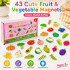 A box of 43 cute fruit and vegetable magnets for learning, showing various colorful produce shapes.