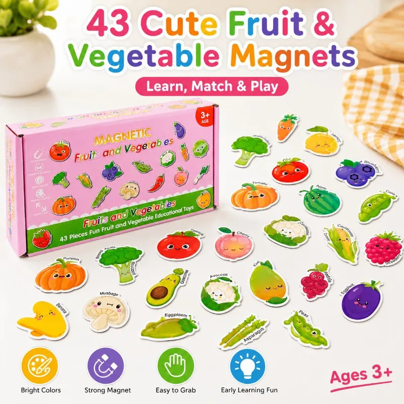 A box of 43 cute fruit and vegetable magnets for learning, showing various colorful produce shapes.