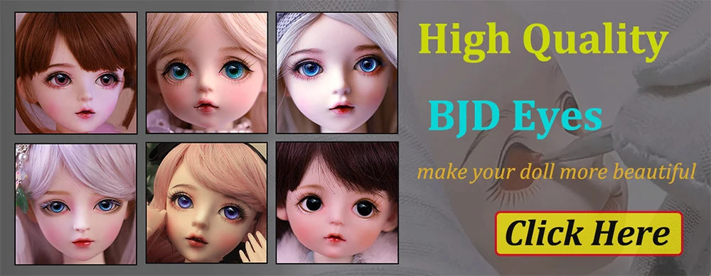 Close-up display of high quality BJD eyes for dolls showing various colors and details.